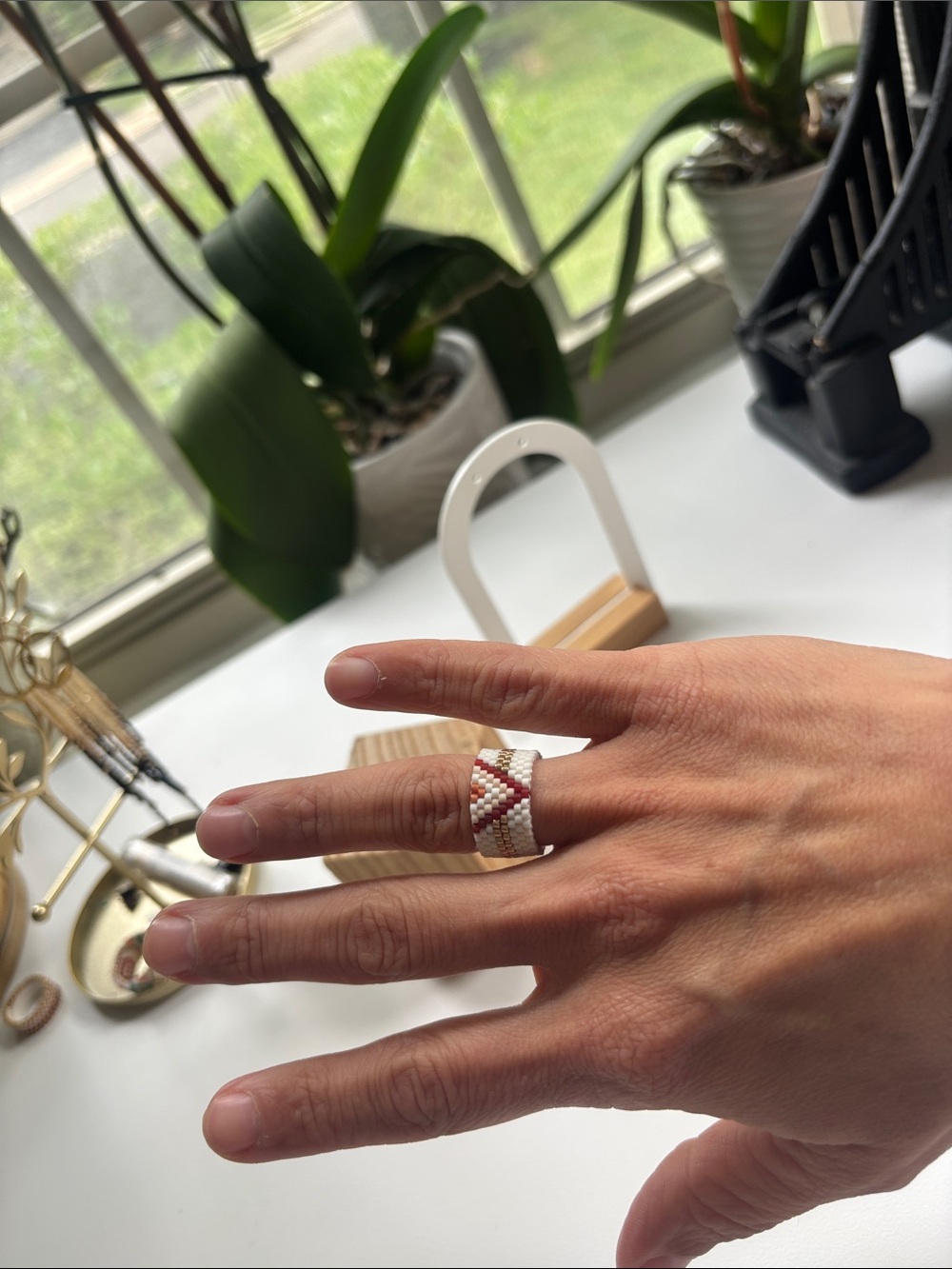 Handcrafted Beaded Band Ring in Red and White - Women Jewelry